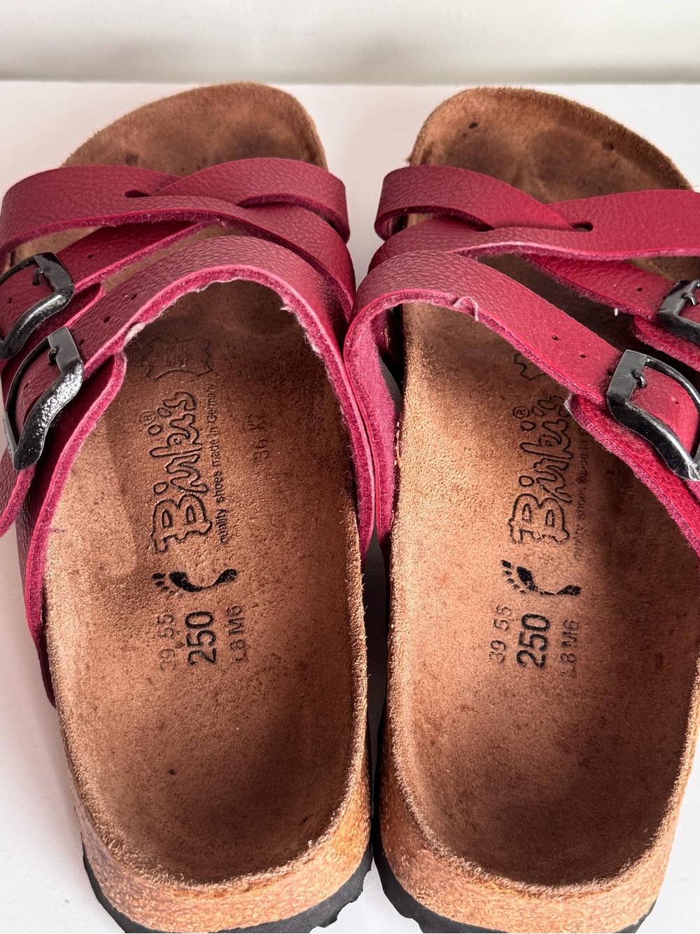 Birki’s Nepal Red Leather Dual Buckle Strap Cork Slide Sandals Unisex W8 M6 - Picture 4 of 8